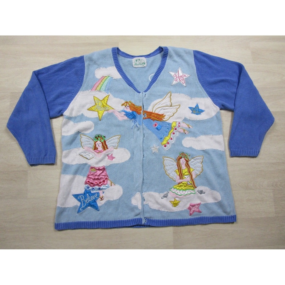 Vintage Y2K Quacker Factory Cardigan Sweater Women's (XL) Angel‎ Cloud Sky